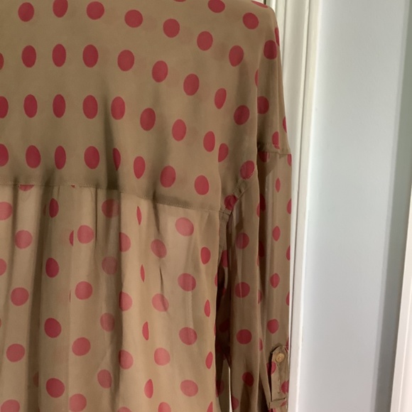 FREE PEOPLE BLOUSE SZ SMALL POLKA DOT RED BROWN CHIFFON BUTTONS FRONT - Picture 6 of 12